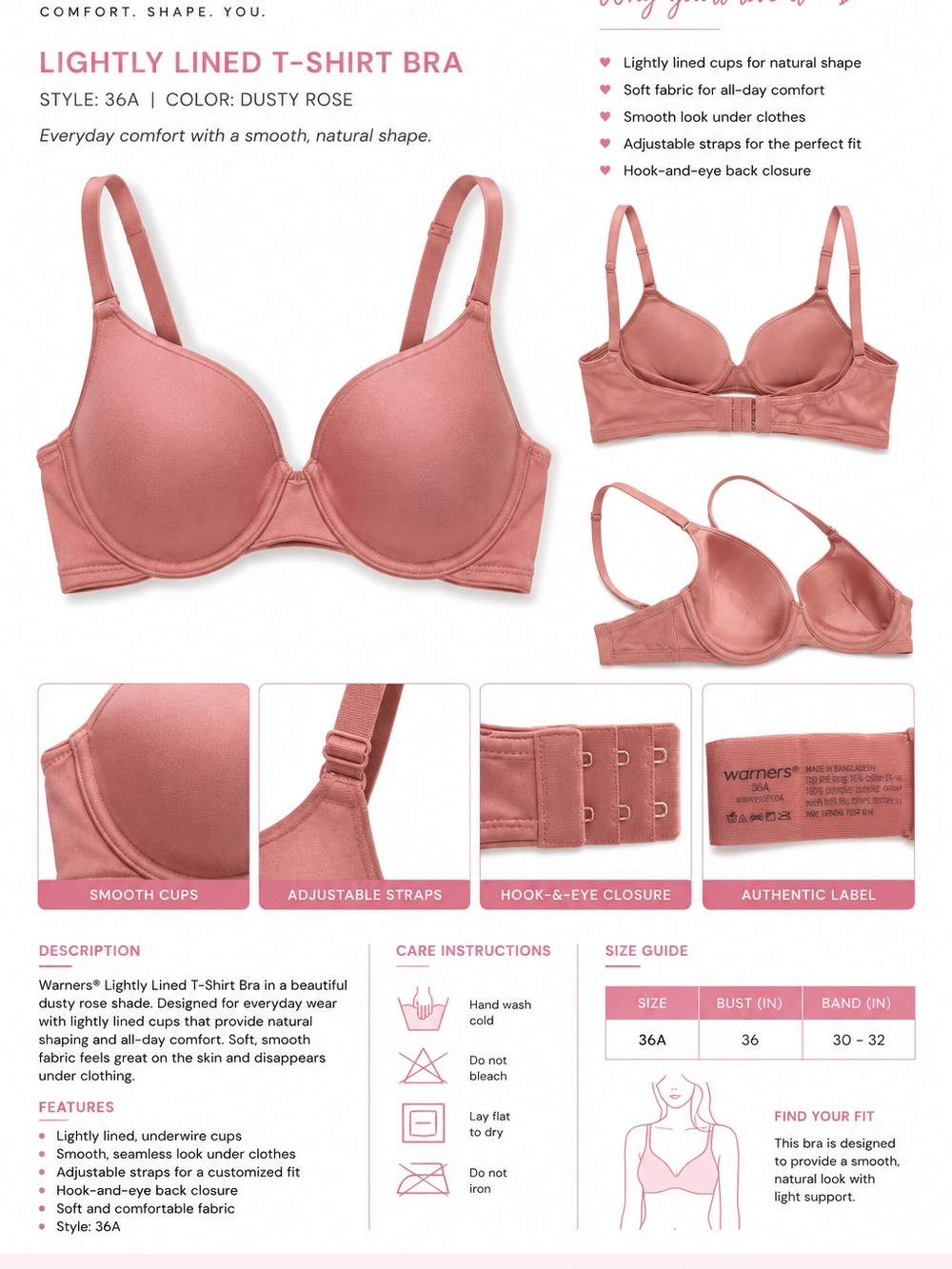 Warner's Lightly Lined T-Shirt Bra — Dusty Rose